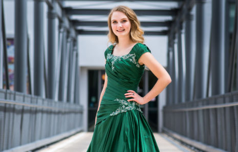 Modest, Green Formal Dress with Sleeves and Tight Bodice