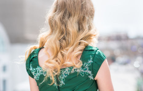 Modest, Green Formal Dress with Sleeves and Tight Bodice