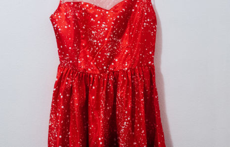 Cute, Knee- Length Red Holiday Dress with Winter Holiday Scene and Mesh Top