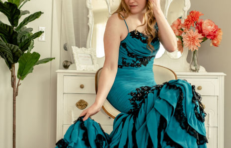 Turquoise-Blue and Black Mermaid Style Dress with Lace & Ruffle Details